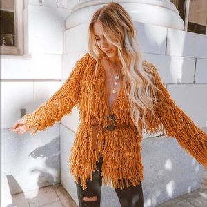 Mustard color shag fringe oversized cardigan